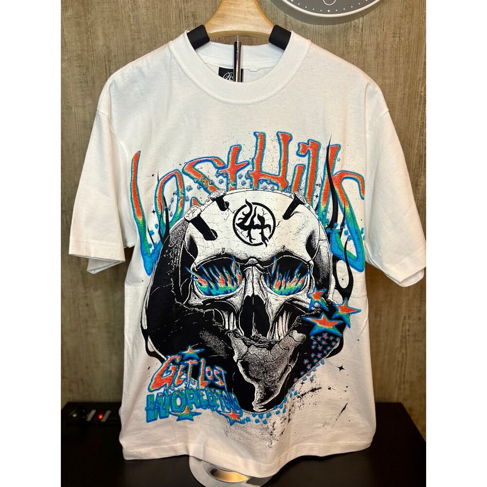 NEW Sz. M - Men's Lost Hills Skull Shirt (wht/blue/orange)